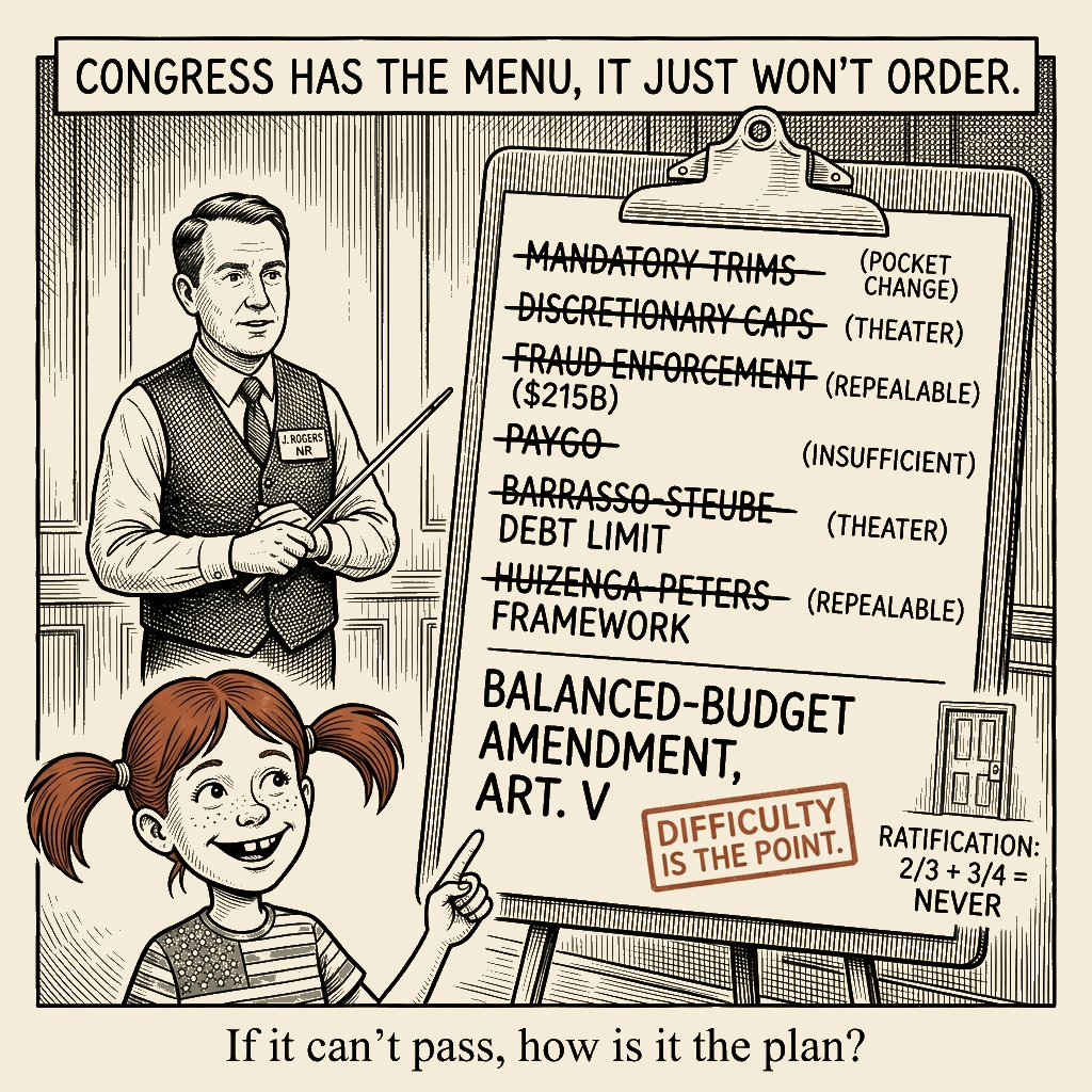 Political meme cartoon by Mimi Wright-Fubar: The Menu, the Locked Door, and the Stamp