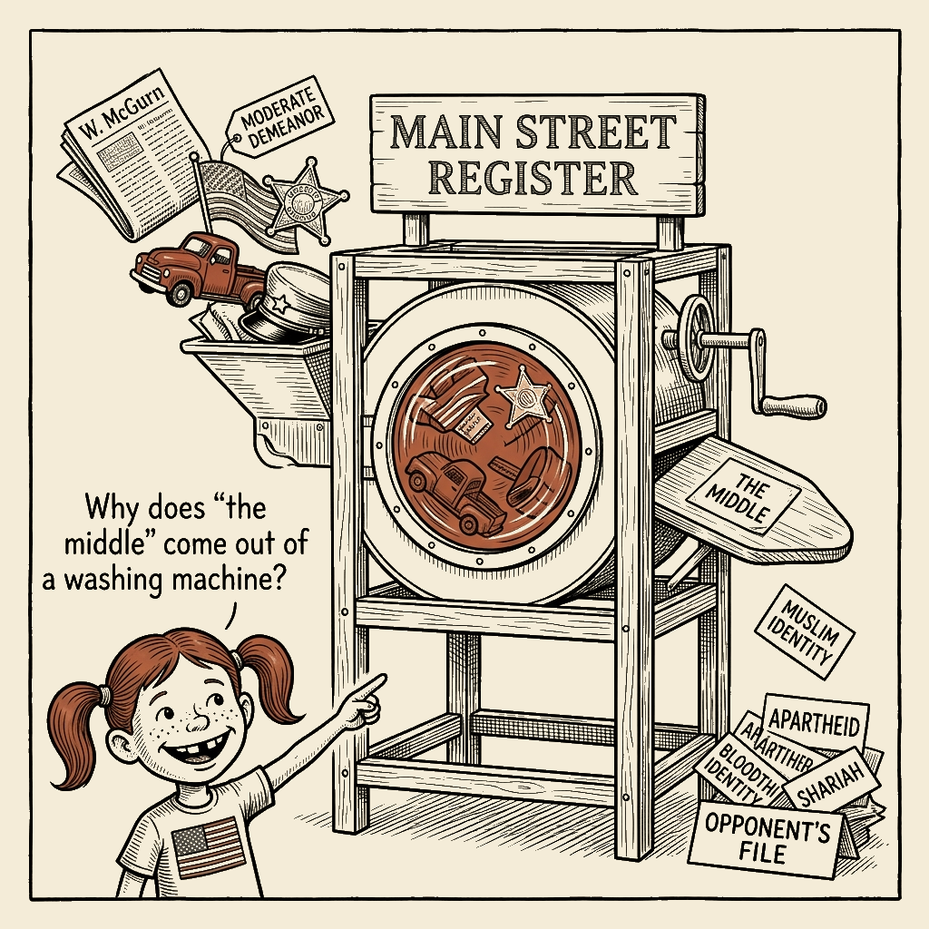 Political meme cartoon by Mimi Wright-Fubar: The Moderation Laundromat
