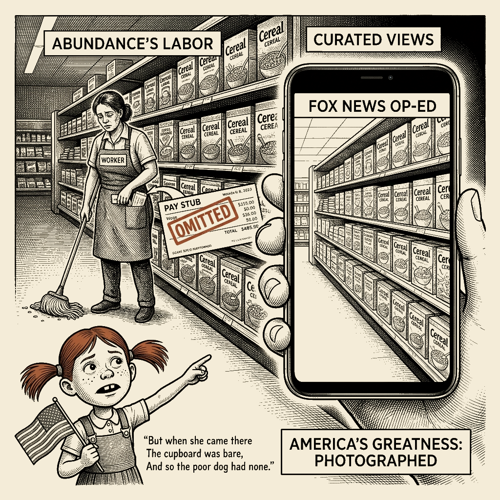 Political meme cartoon by Mimi Wright-Fubar: The Omitted Pay Stub
