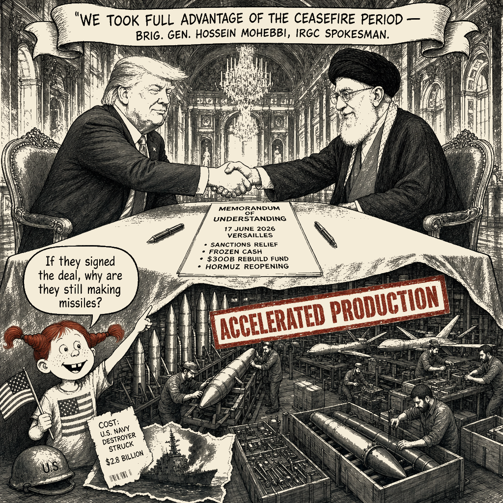 Political meme cartoon by Mimi Wright-Fubar: The peace paper and the missile line