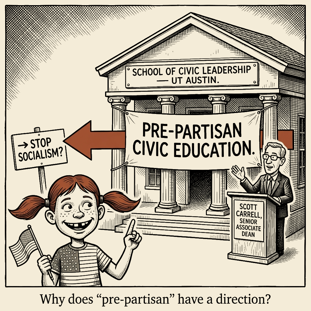 Political meme cartoon by Mimi Wright-Fubar: The 'Pre-Partisan' Curriculum