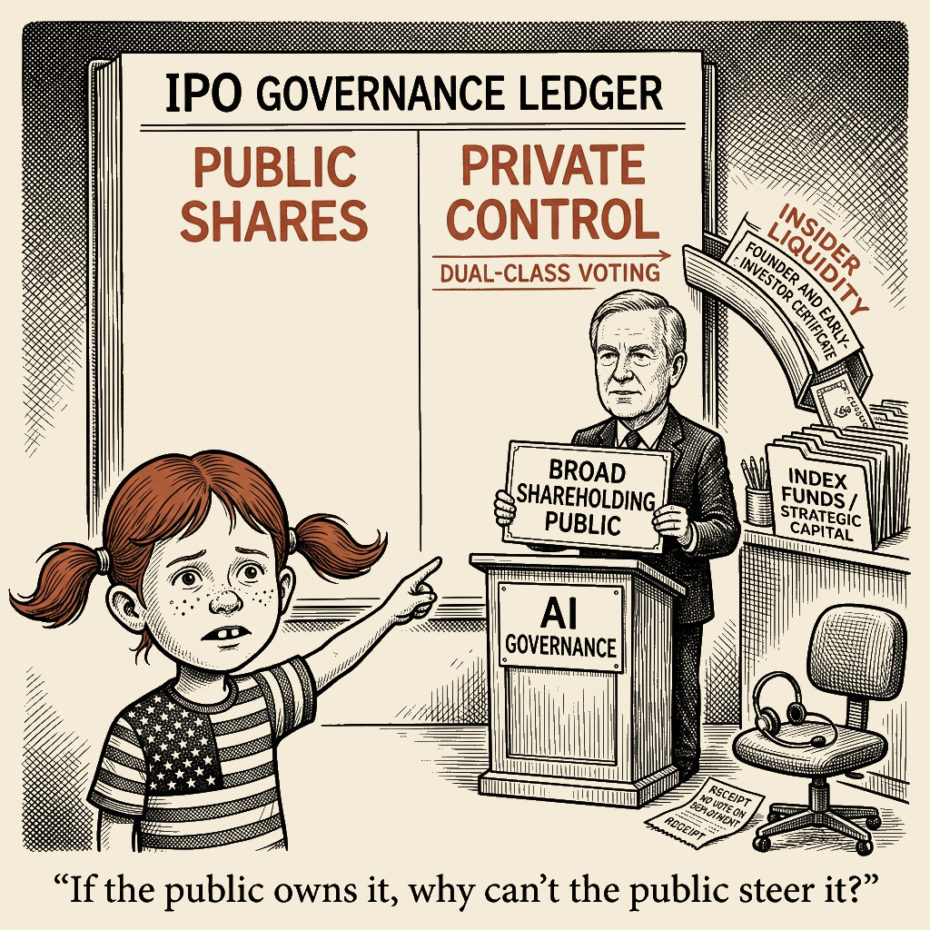Political meme cartoon by Mimi Wright-Fubar: The Public Gets the Shares. Insiders Keep the Wheel.