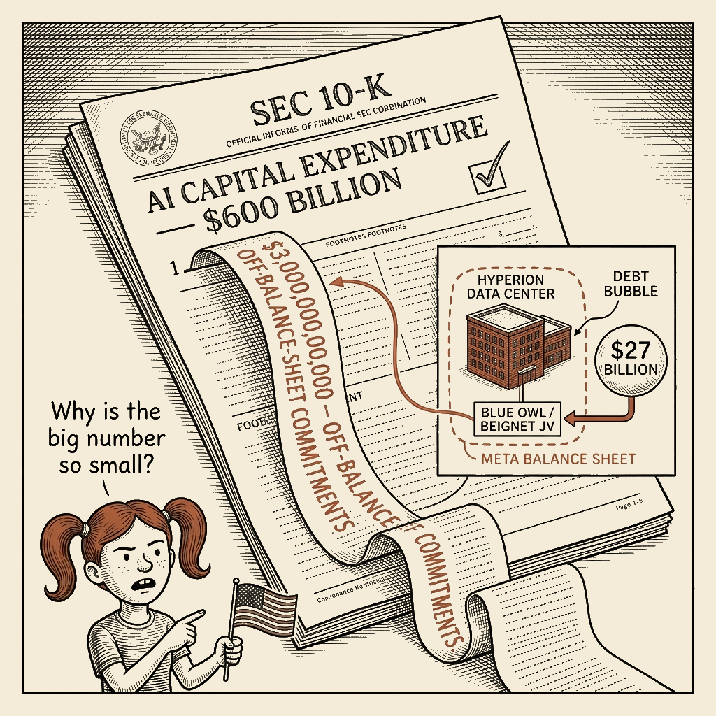 Political meme cartoon by Mimi Wright-Fubar: The real AI number is in the footnote