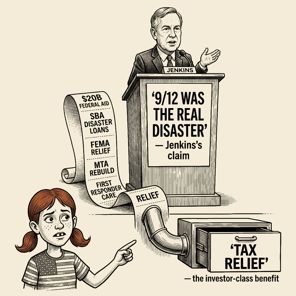 Political meme cartoon by Mimi Wright-Fubar: The Real Disaster Was the Relief