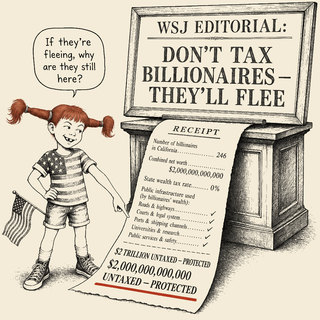 Political meme cartoon by Mimi Wright-Fubar: The Receipt Behind the Headline
