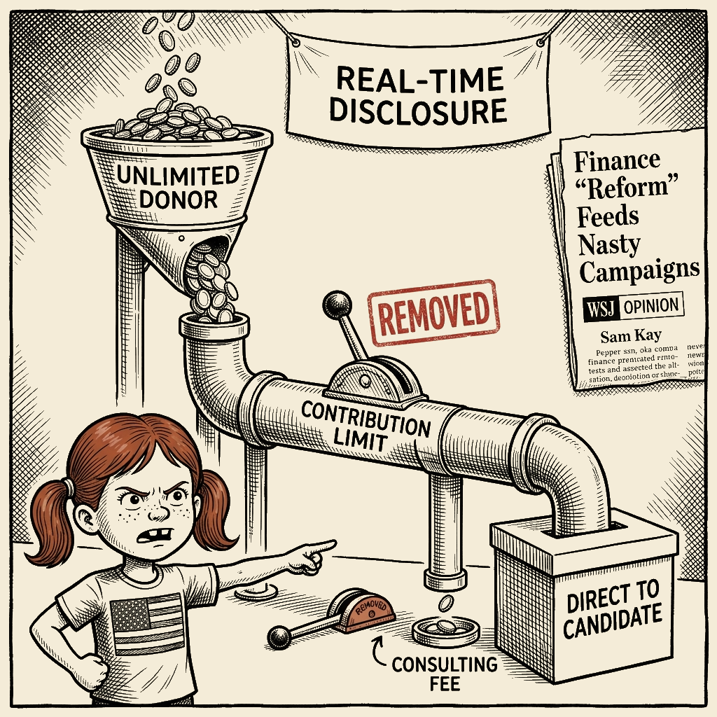 Political meme cartoon by Mimi Wright-Fubar: The Reform That Removed the Brake