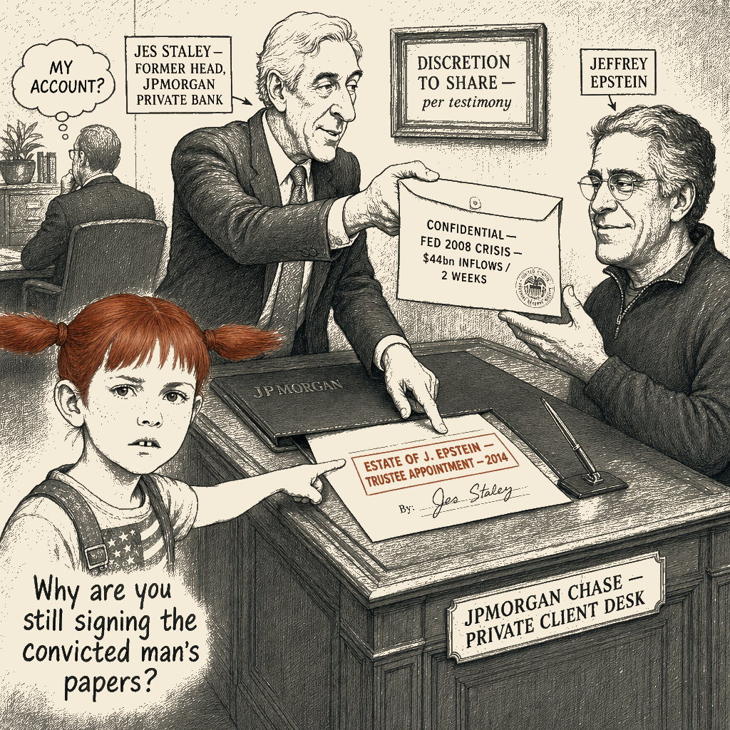 Political meme cartoon by Mimi Wright-Fubar: The senior banker kept signing the convicted man's papers