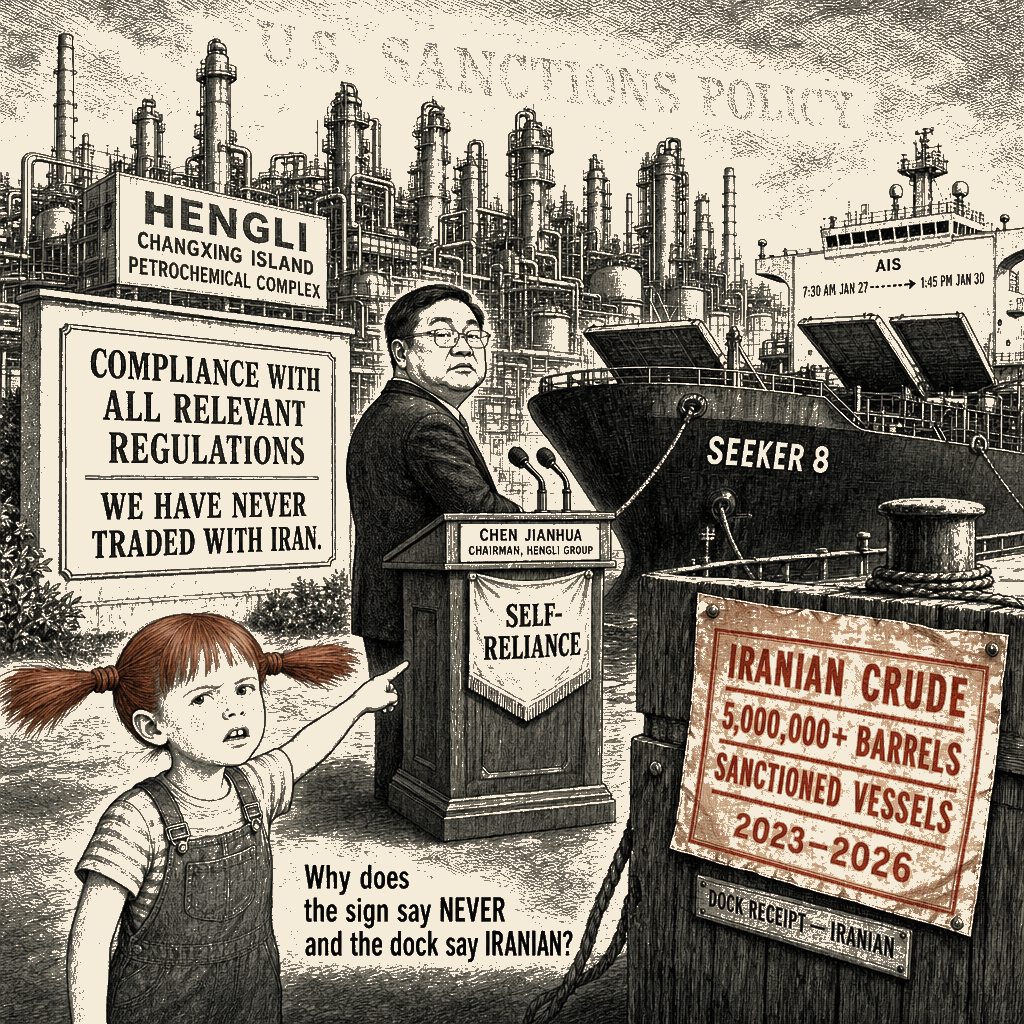 Political meme cartoon by Mimi Wright-Fubar: The sign says NEVER. The dock says IRANIAN.