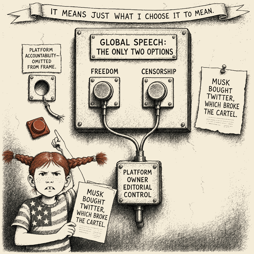 Political meme cartoon by Mimi Wright-Fubar: The third button is missing