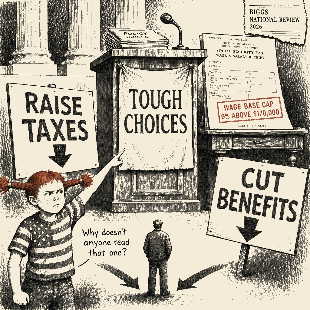 Political meme cartoon by Mimi Wright-Fubar: The Tough Choices Heist