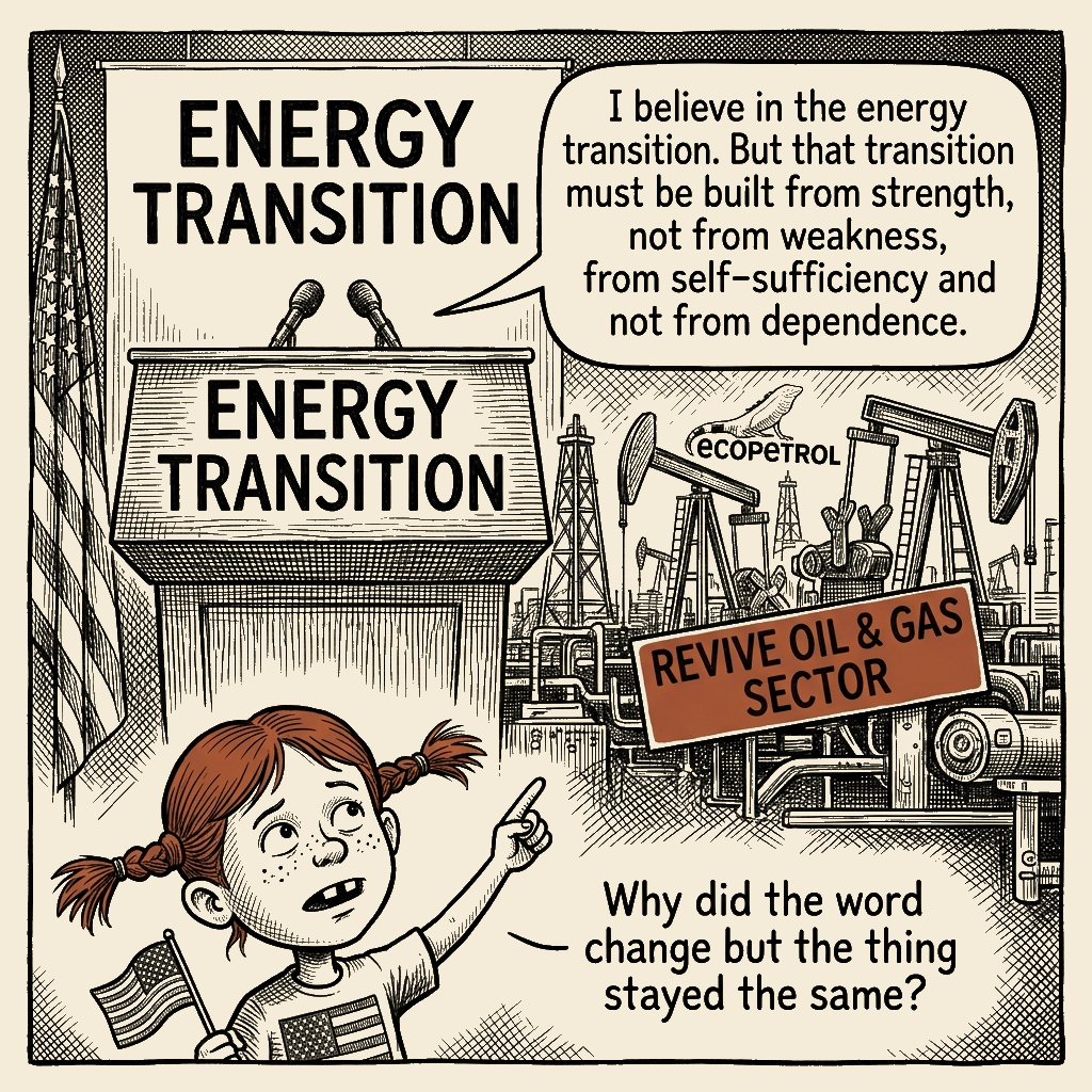 Political meme cartoon by Mimi Wright-Fubar: The Transition Was the Oil