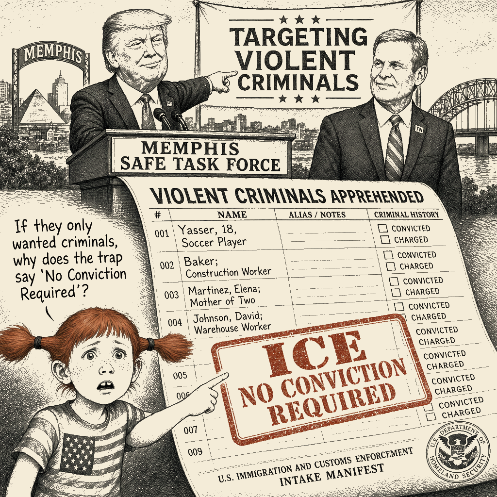 Political meme cartoon by Mimi Wright-Fubar: The Trap Said 'Criminals.' The Receipt Said 'ICE.'