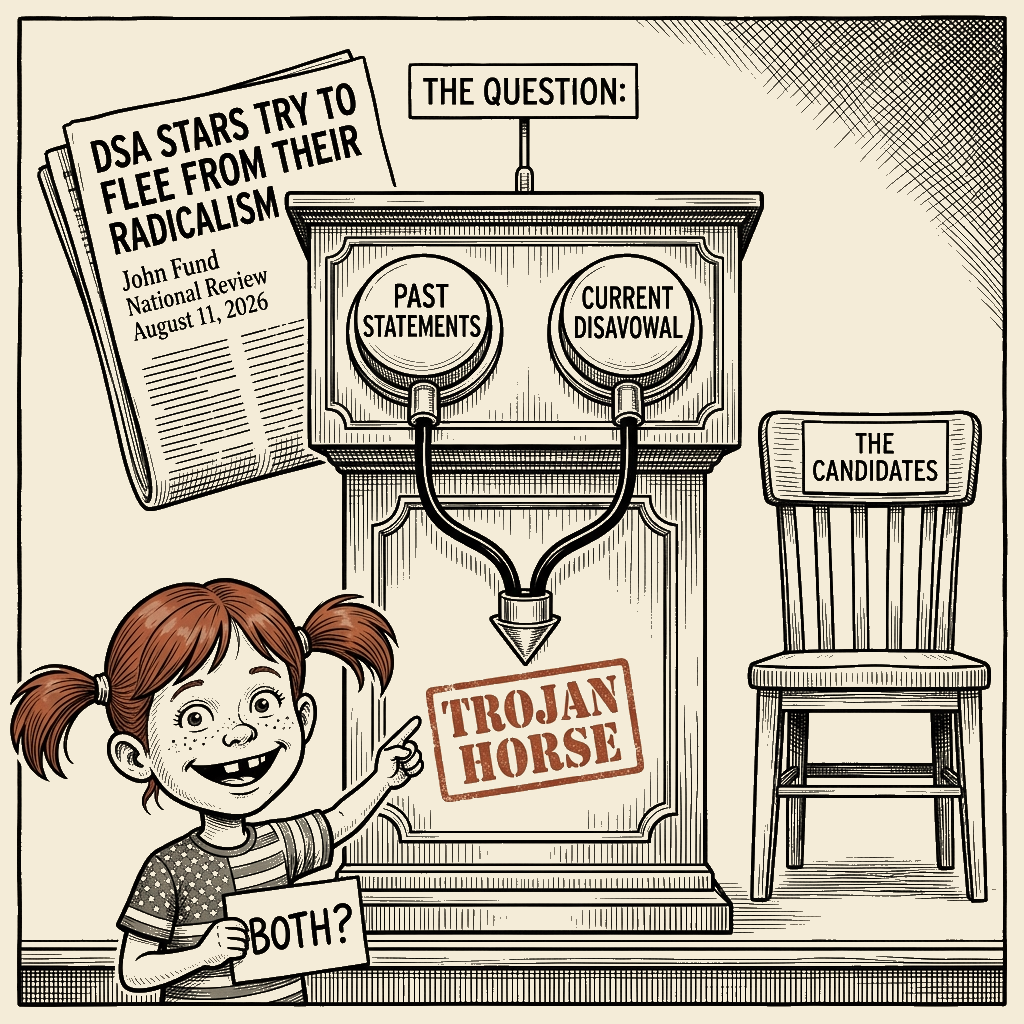 Political meme cartoon by Mimi Wright-Fubar: The Trojan-Horse Button Bank