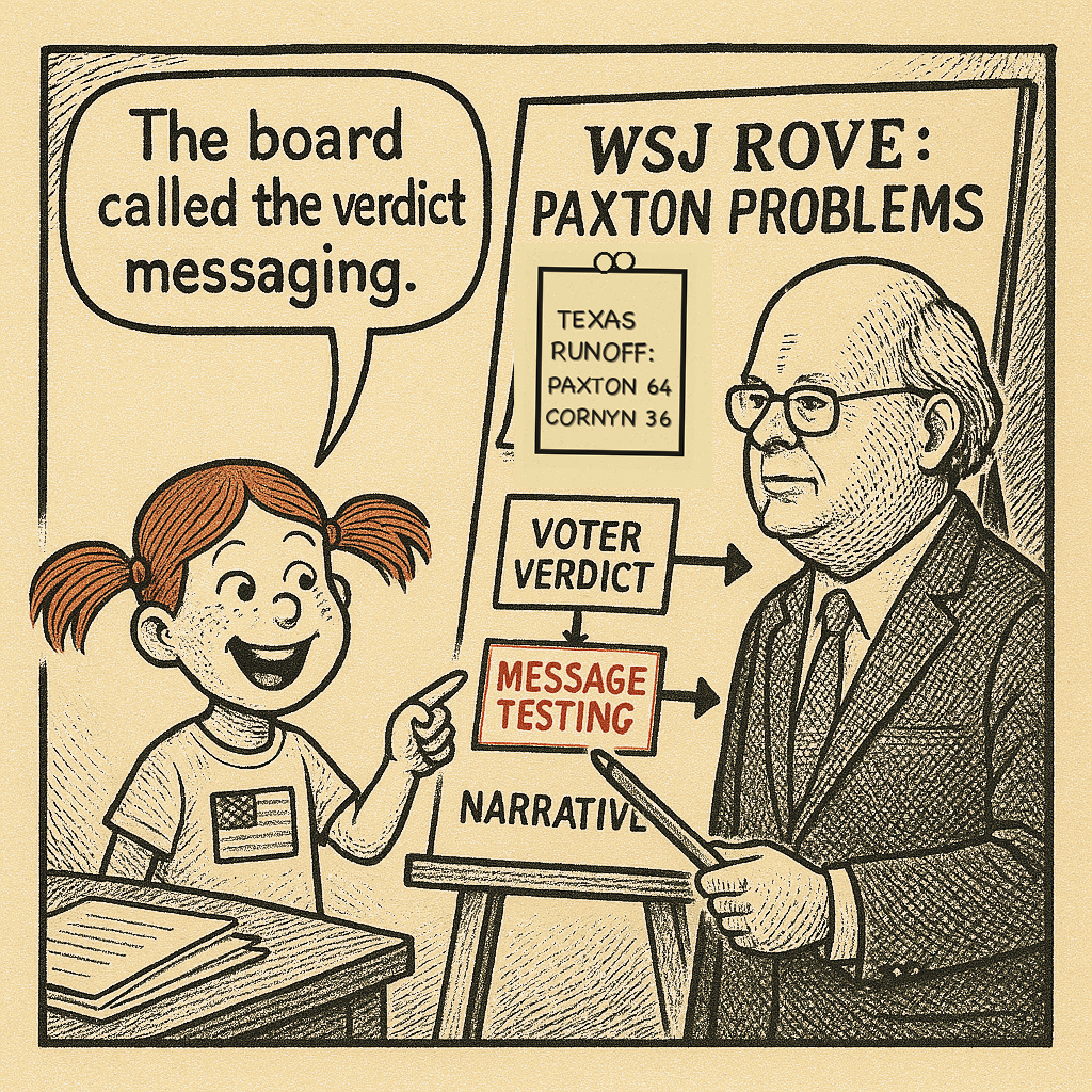 Political meme cartoon by Mimi Wright-Fubar: The Verdict Becomes a Messaging Problem