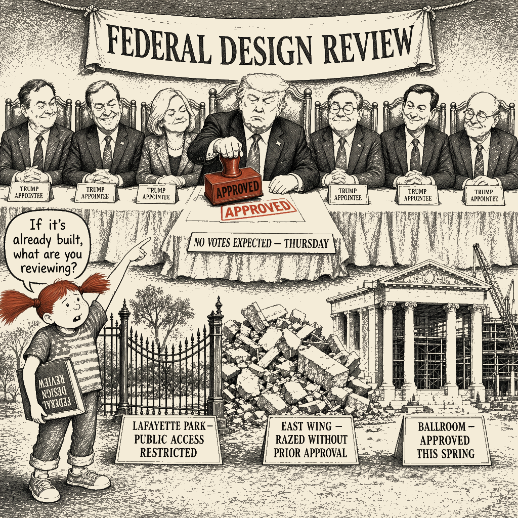 Political meme cartoon by Mimi Wright-Fubar: They approved it first. Then they reviewed it.