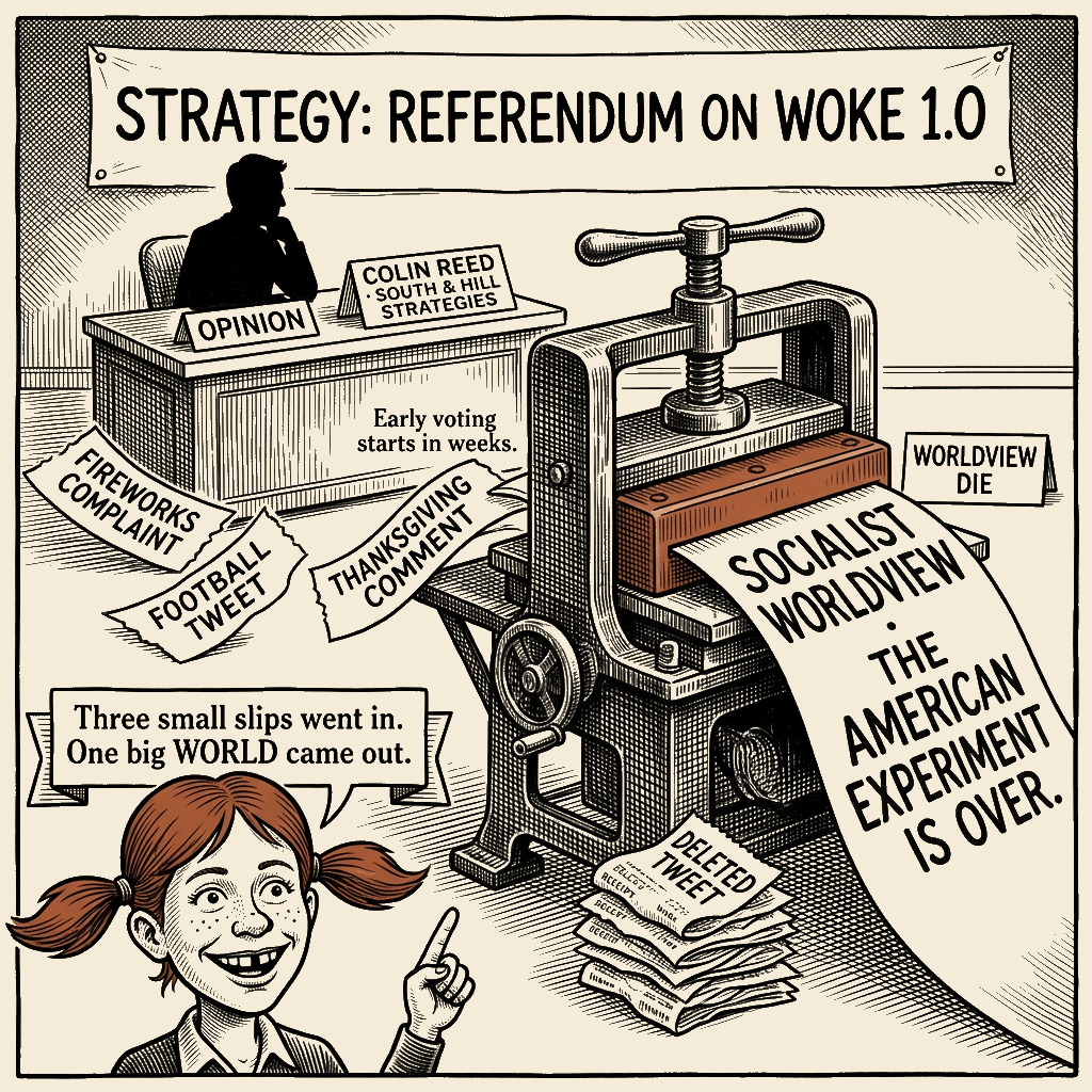 Political meme cartoon by Mimi Wright-Fubar: Three Slips, One Worldview