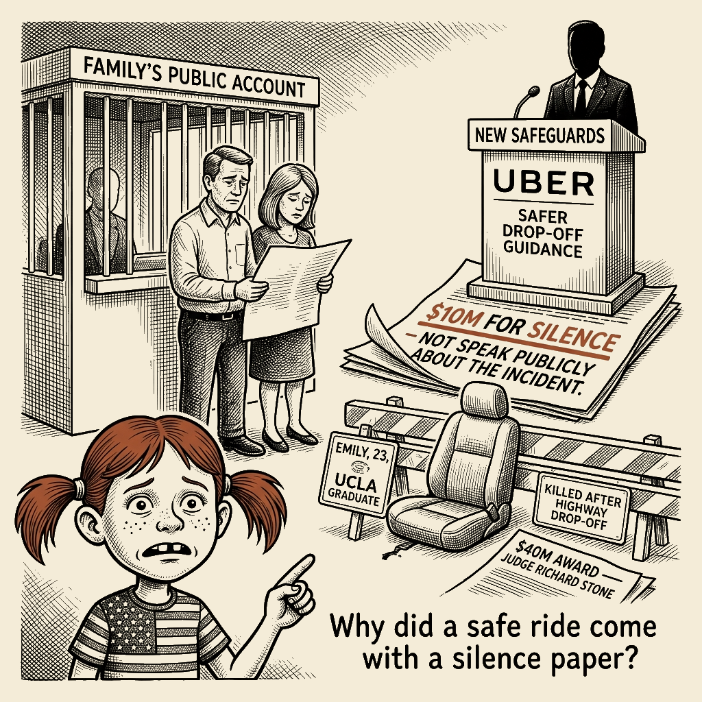 Political meme cartoon by Mimi Wright-Fubar: Uber's Safety Promise Came With a Silence Clause