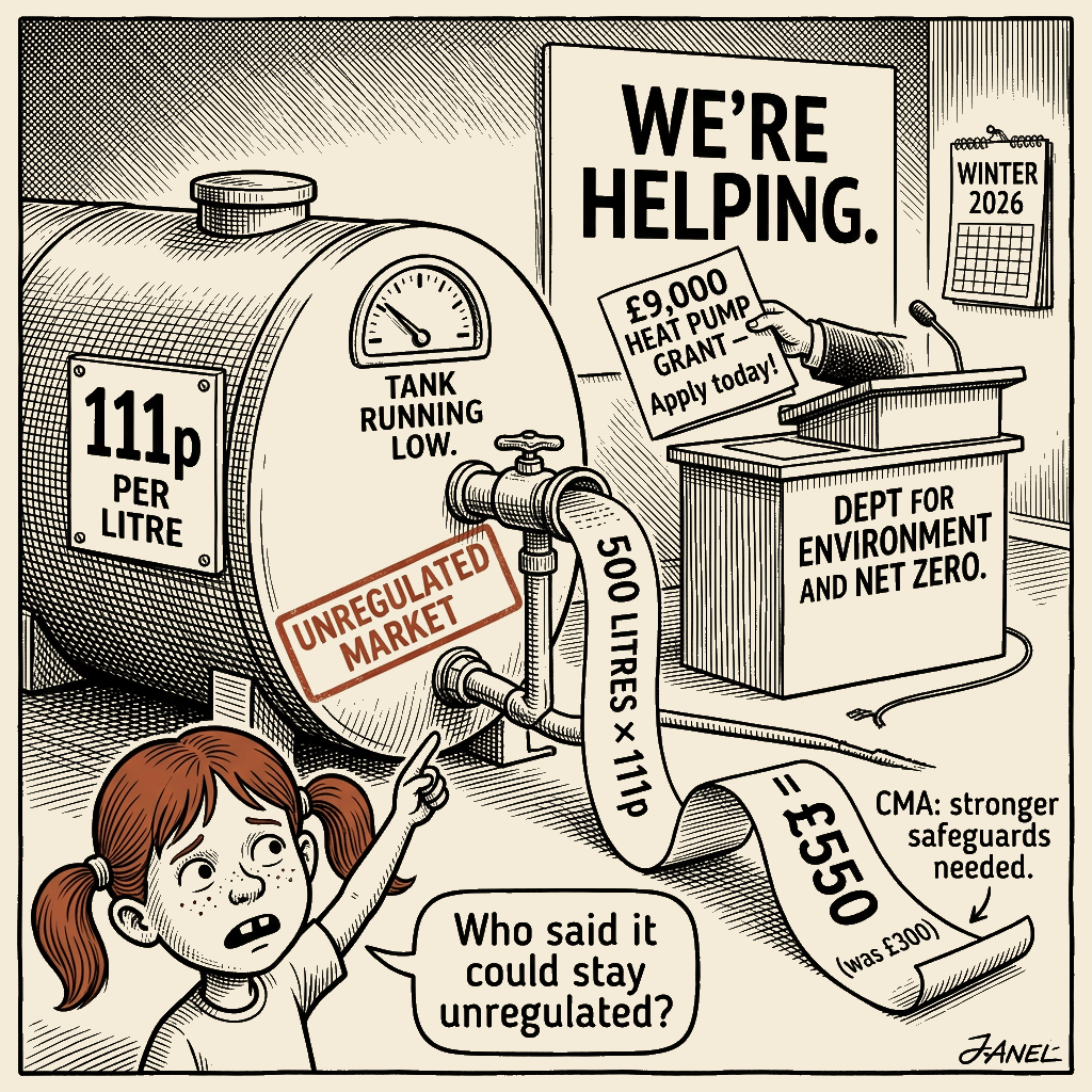 Political meme cartoon by Mimi Wright-Fubar: We're Helping (Terms and Conditions Apply This Winter)