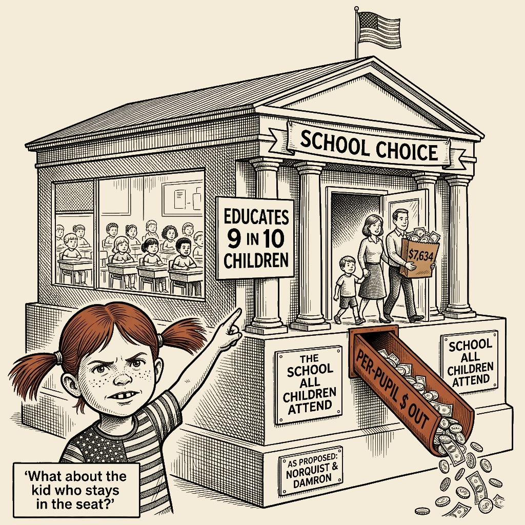 Political meme cartoon by Mimi Wright-Fubar: What About the Kid Who Stays in the Seat?