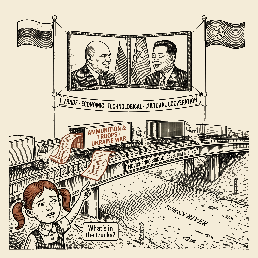 Political meme cartoon by Mimi Wright-Fubar: What's in the trucks?