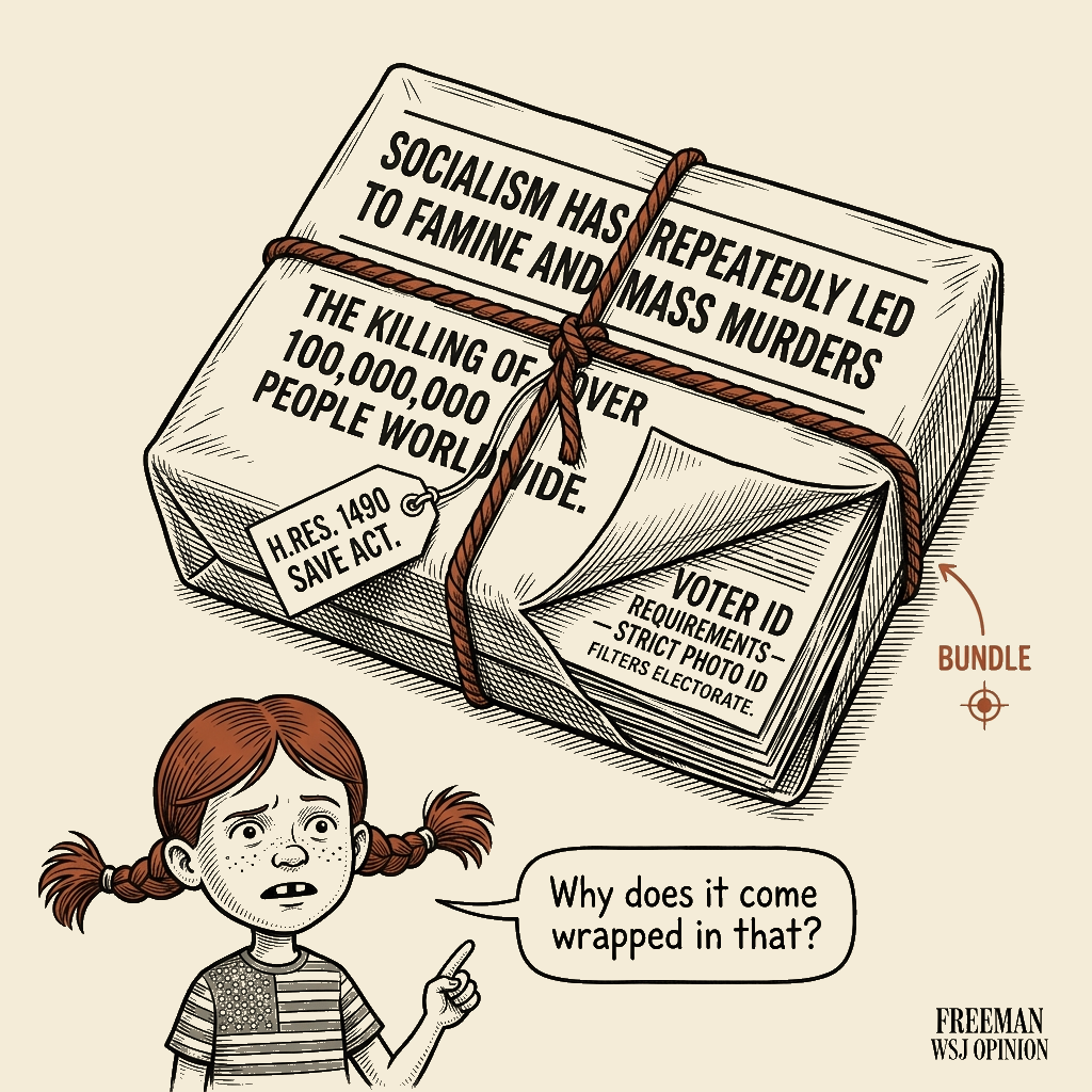 Political meme cartoon by Mimi Wright-Fubar: What's Inside the Bundle