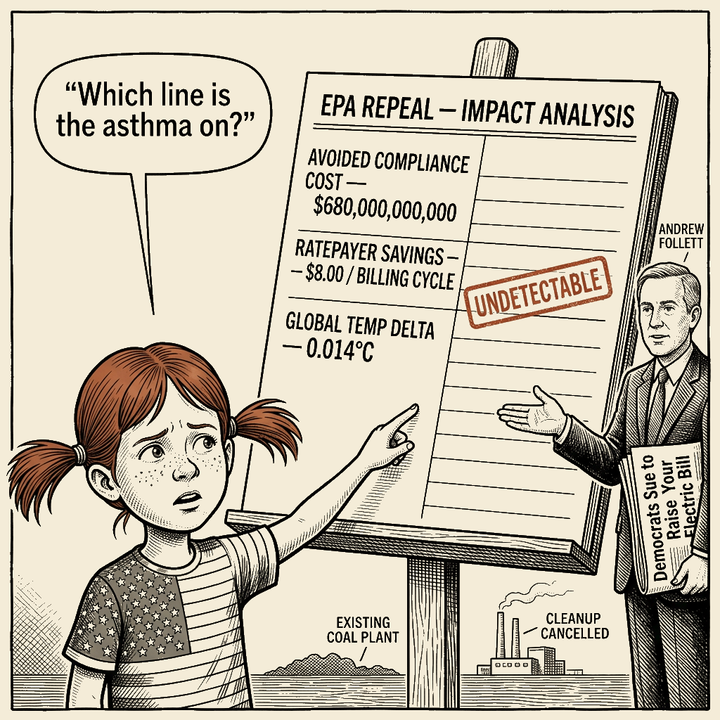 Political meme cartoon by Mimi Wright-Fubar: Which Line Is the Asthma On?