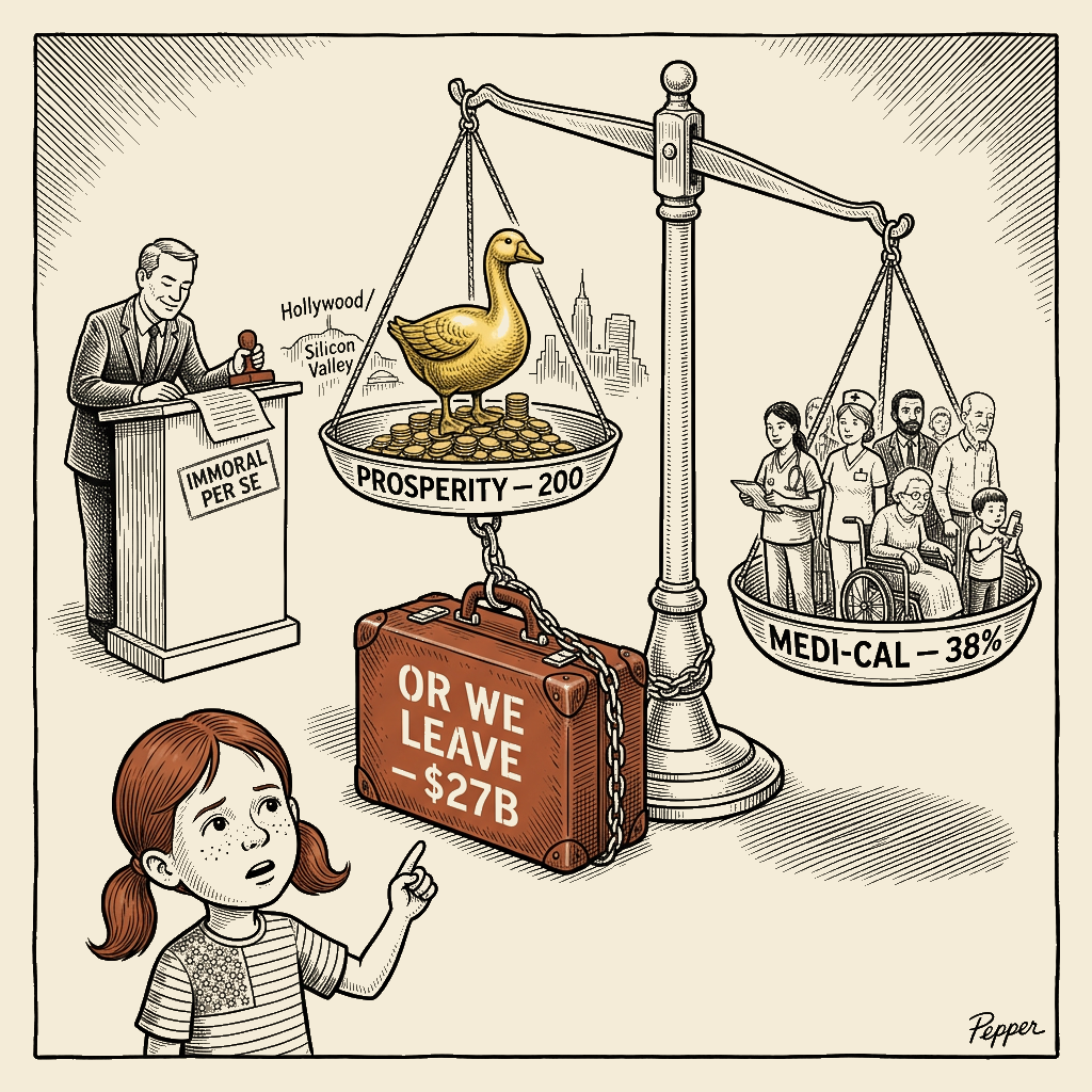 Political meme cartoon by Mimi Wright-Fubar: Why Is One Bag Heavier Than All the Sick People?