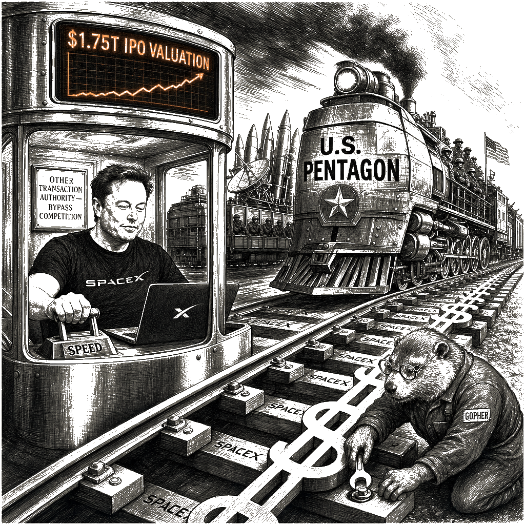 Editorial cartoon by Hector Rentier: Musk Sells the Pentagon the Rails of American War