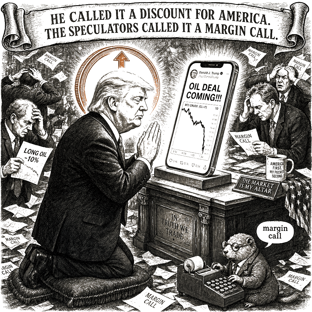 Editorial cartoon by Hector Rentier: My blowout jobs report scares the market and my posts make oil tremble—the greatest…