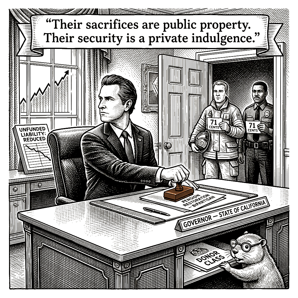 Editorial cartoon by Hector Rentier: Newsom's Cruelest Betrayal: How a Governor Sold Out the People Who Run California