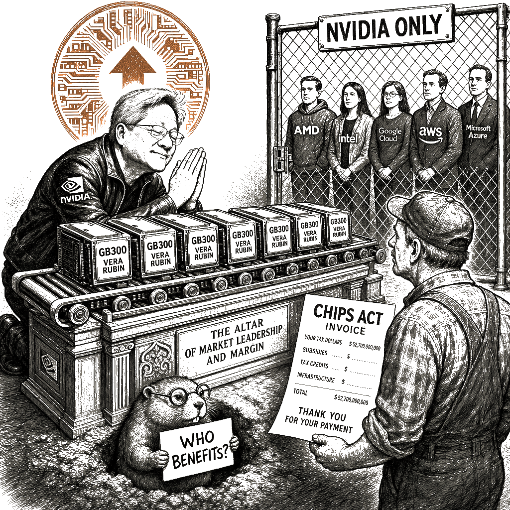 Editorial cartoon by Hector Rentier: Nvidia's Texas Plant Is a Taxpayer-Subsidized Chokepoint