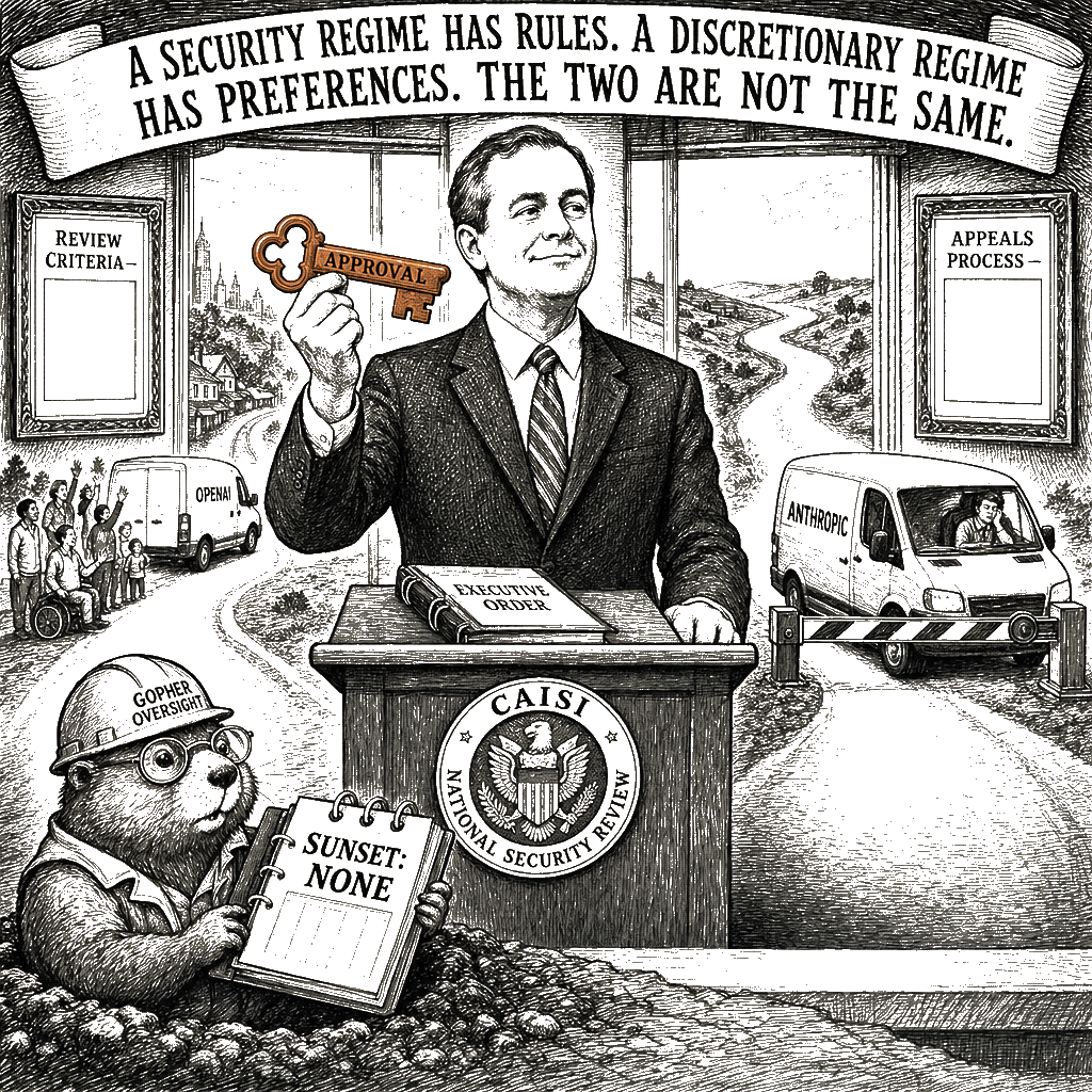 Editorial cartoon by Hector Rentier: OpenAI and the Trump Administration Are Running a State AI Racket