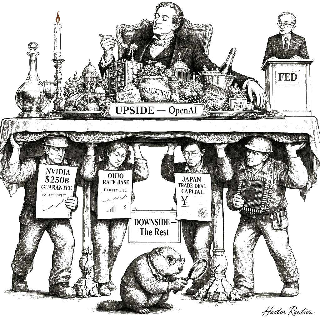 Editorial cartoon by Hector Rentier: OpenAI's $500 Billion Bet Is Underwritten by Four Other Parties