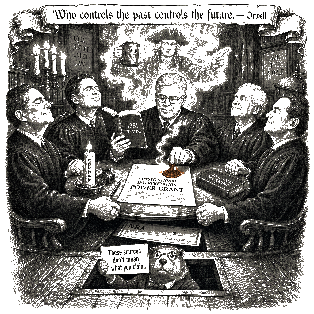 Editorial cartoon by Hector Rentier: Originalism Is the Historical Forgery the Court Uses to Launder Its Power Grab