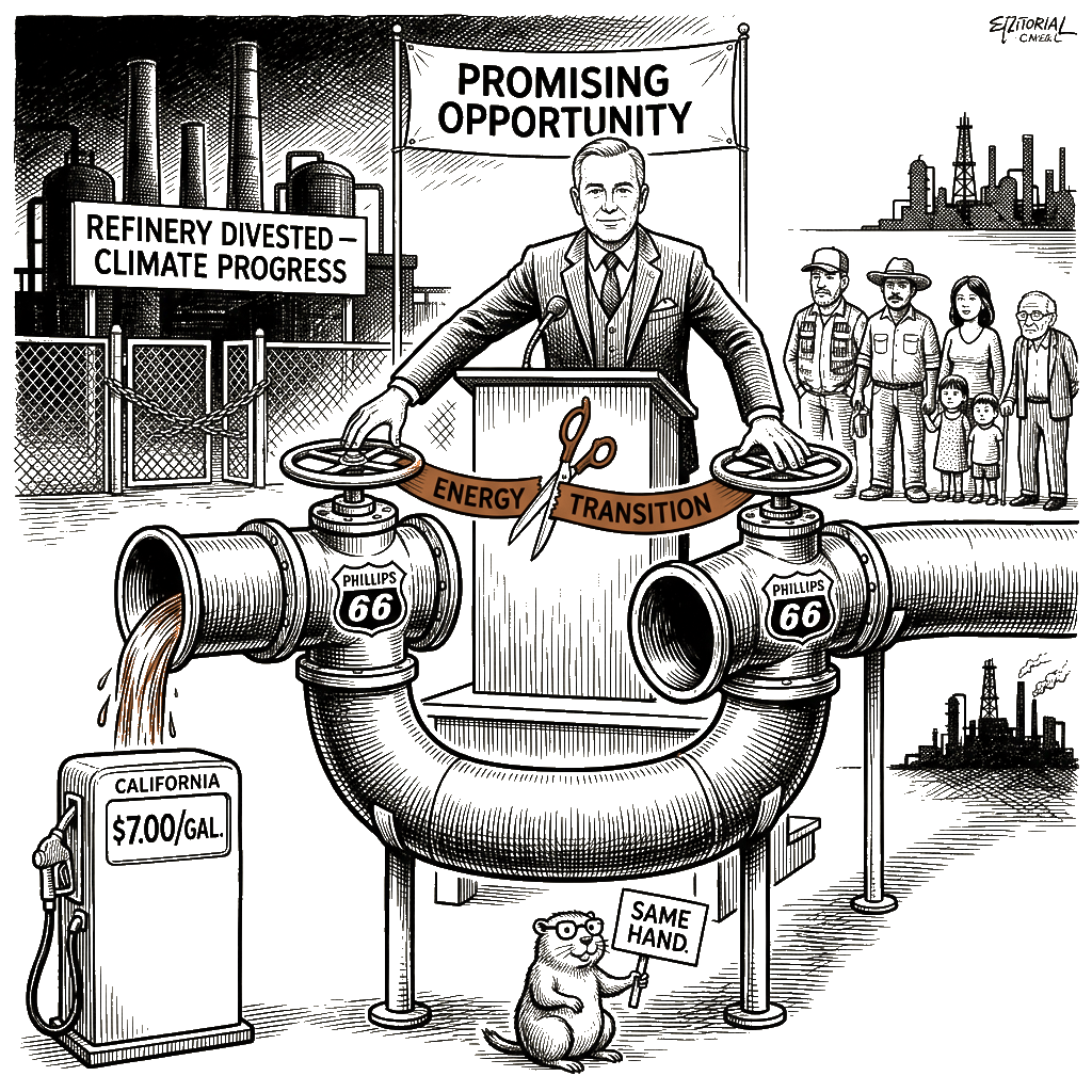 Editorial cartoon by Hector Rentier: Phillips 66 Closed California's Refinery to Profit From Its Replacement