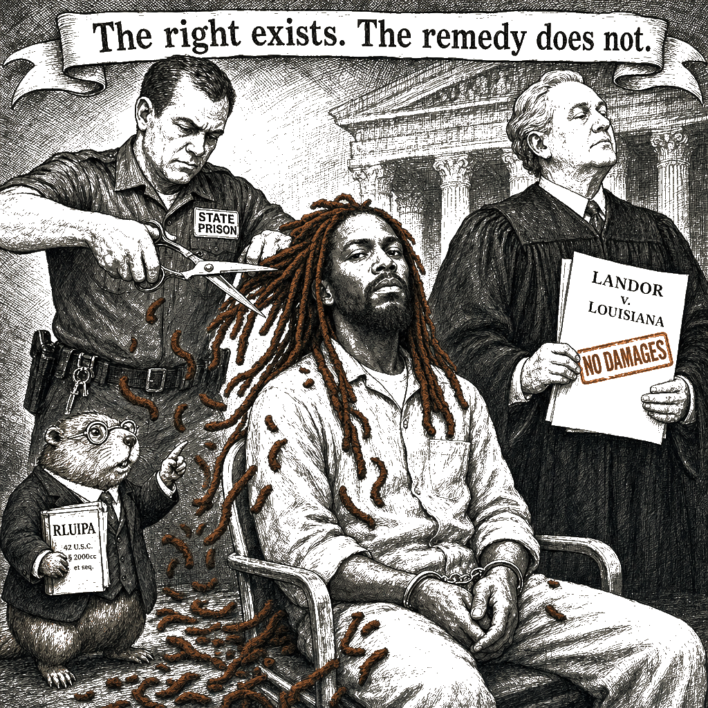 Editorial cartoon by Hector Rentier: Roberts Court rules prison guards who cut Rastafarian's crown can't be sued, citing…