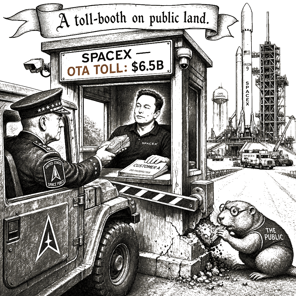 Editorial cartoon by Hector Rentier: SpaceX Is Running a Racket on the Space Force, and Calls It a Monopoly the Pentagon…