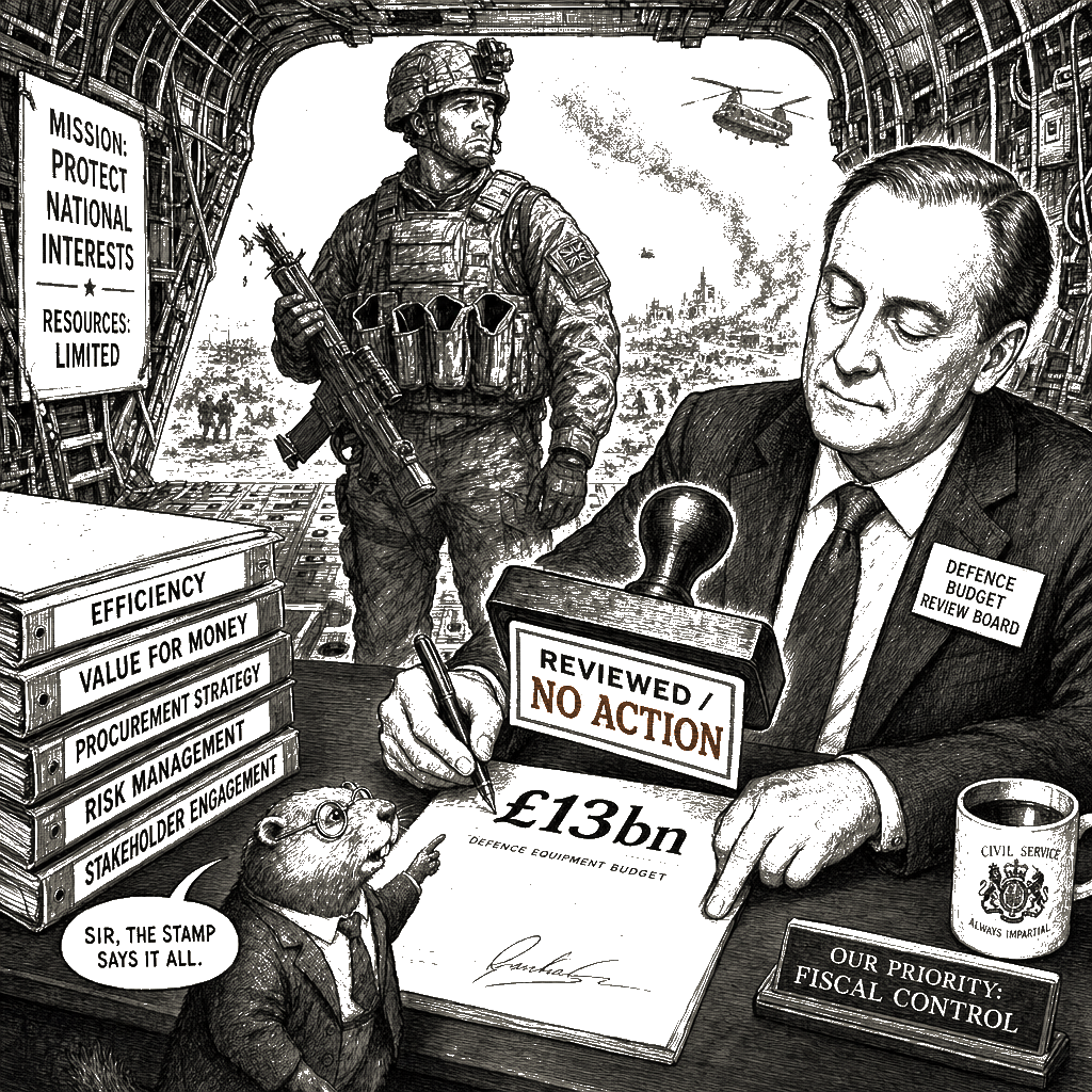Editorial cartoon by Hector Rentier: Starmer and Reeves Are Starving the Armed Forces and Pledging Them to War
