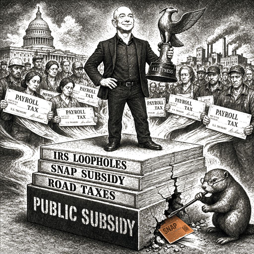 Editorial cartoon by Hector Rentier: Subsidy, Not Alertness, Built Bezos’s $200 Billion