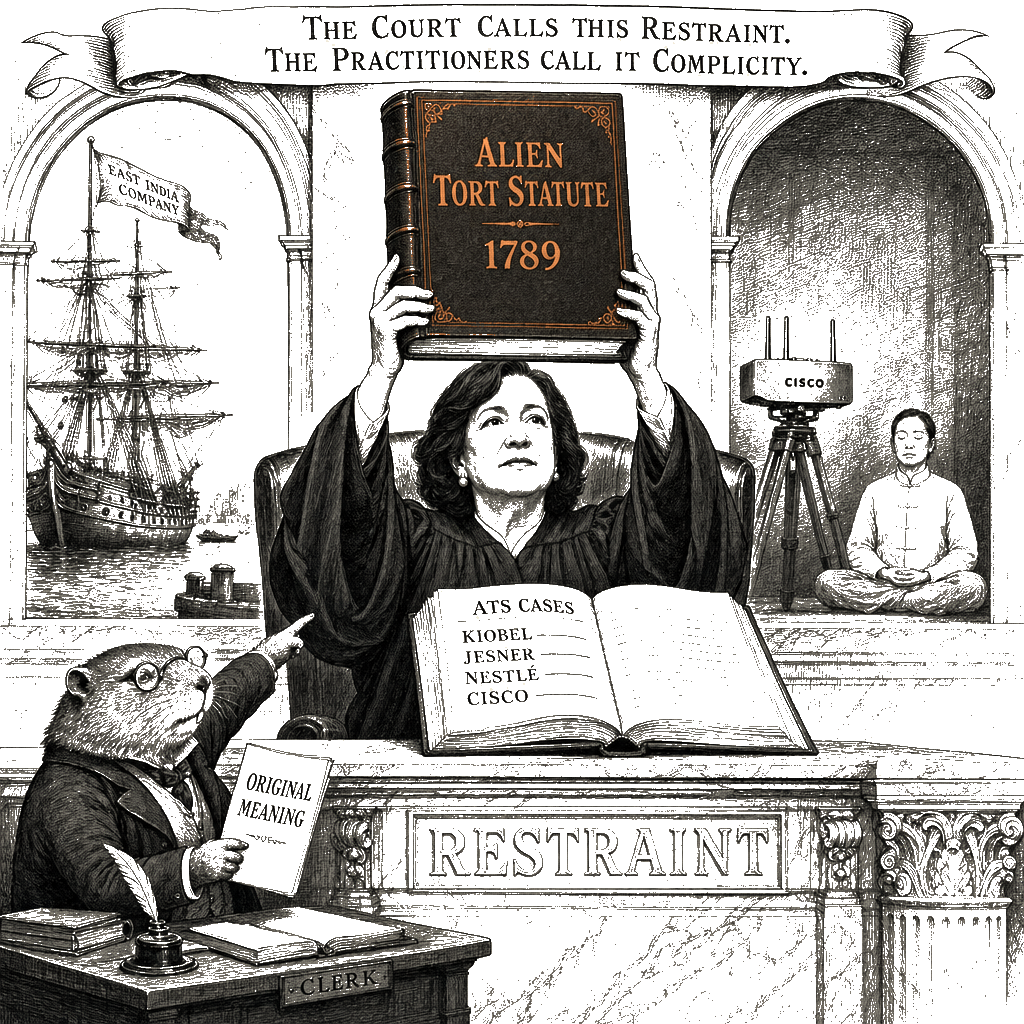 Editorial cartoon by Hector Rentier: Supreme Court Grants Corporate Immunity For Engineering Totalitarian Surveillance