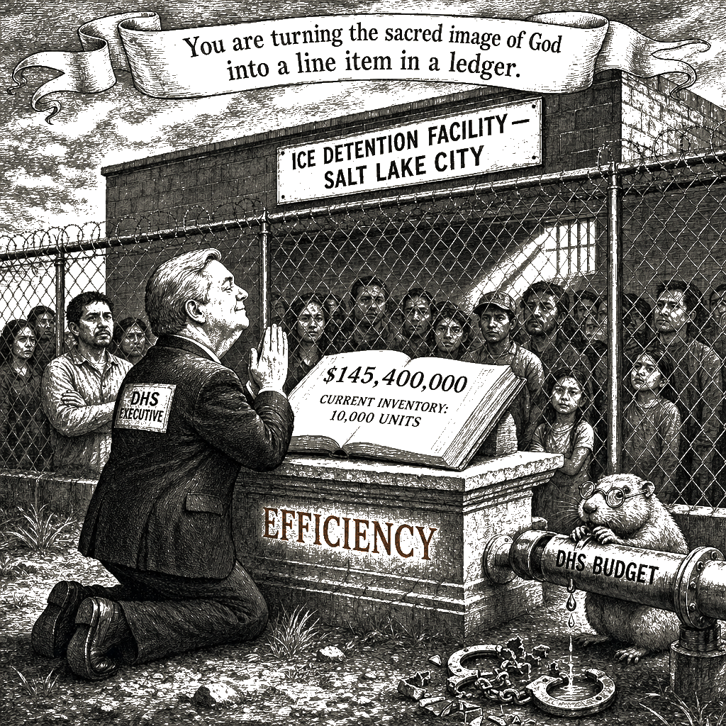 Editorial cartoon by Hector Rentier: Ten Thousand Souls and the Warehouse You Bought to Hold Them