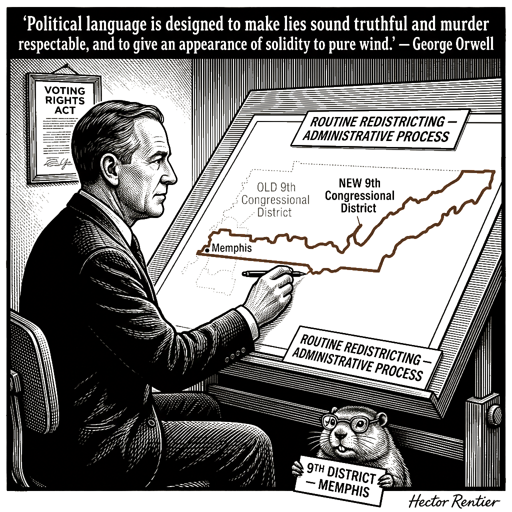 Editorial cartoon by Hector Rentier: Tennessee Legislators Dismantled Memphis's Majority-Black Congressional District