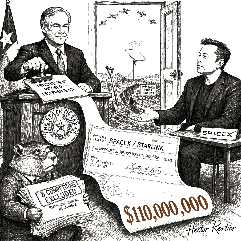 Editorial cartoon by Hector Rentier: Texas Rigged the Broadband Grants to Hand Musk $110 Million
