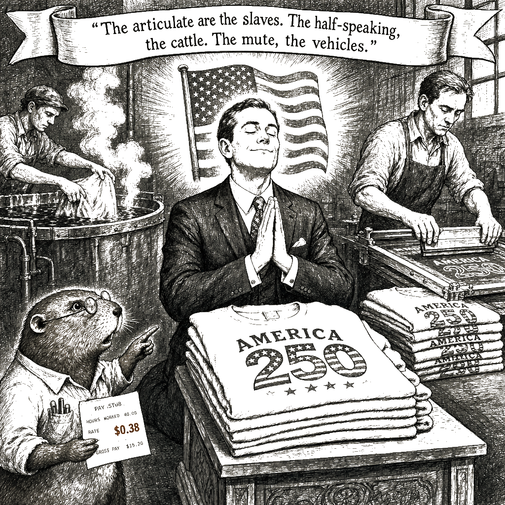 Editorial cartoon by Hector Rentier: The 250th Anniversary Merchandise Cost Me A Fan I Did Not Buy.