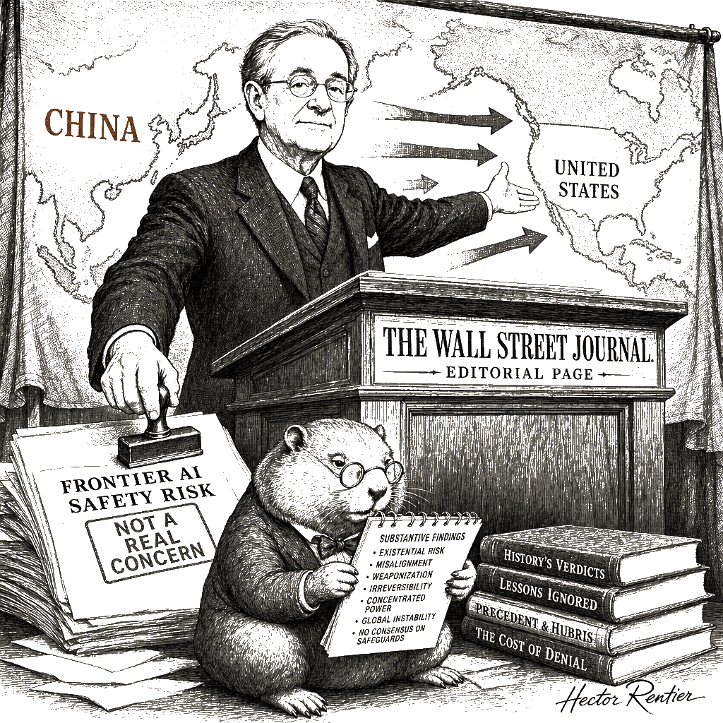 Editorial cartoon by Hector Rentier: The AI-Anxiety Decoy: How Jenkins Spins Tech CEOs' Fears Into a Patriotism Play