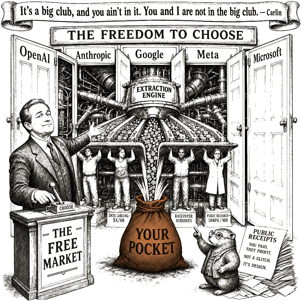 Editorial cartoon by Hector Rentier: The AI Cartel, Not the President, Picks Your Pocket
