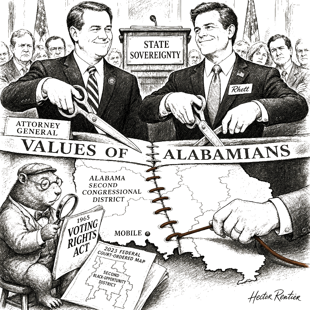 Editorial cartoon by Hector Rentier: The Alabama Map Took Back the Seat a Federal Court Had Just Given Black Voters