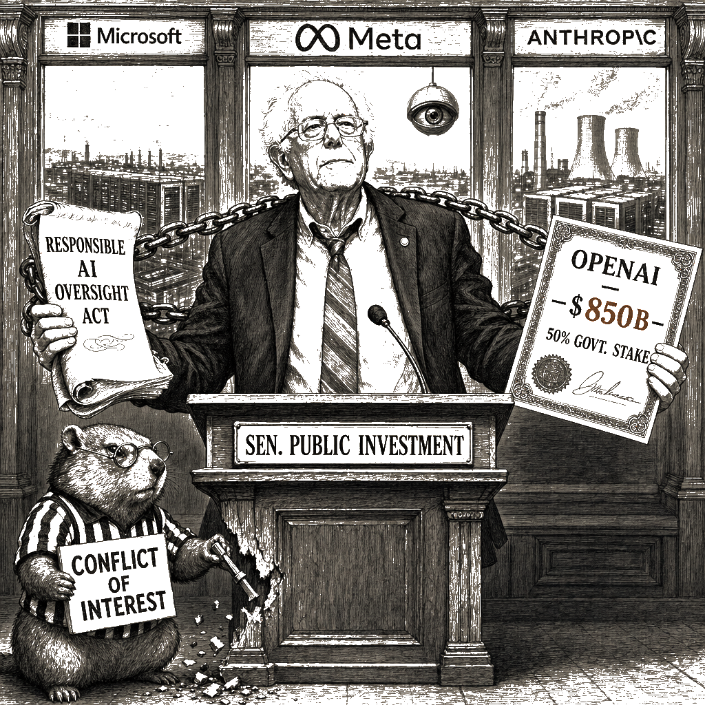 Editorial cartoon by Hector Rentier: The Artificial-Intelligence Lobby Wants Its Public Subsidy Now