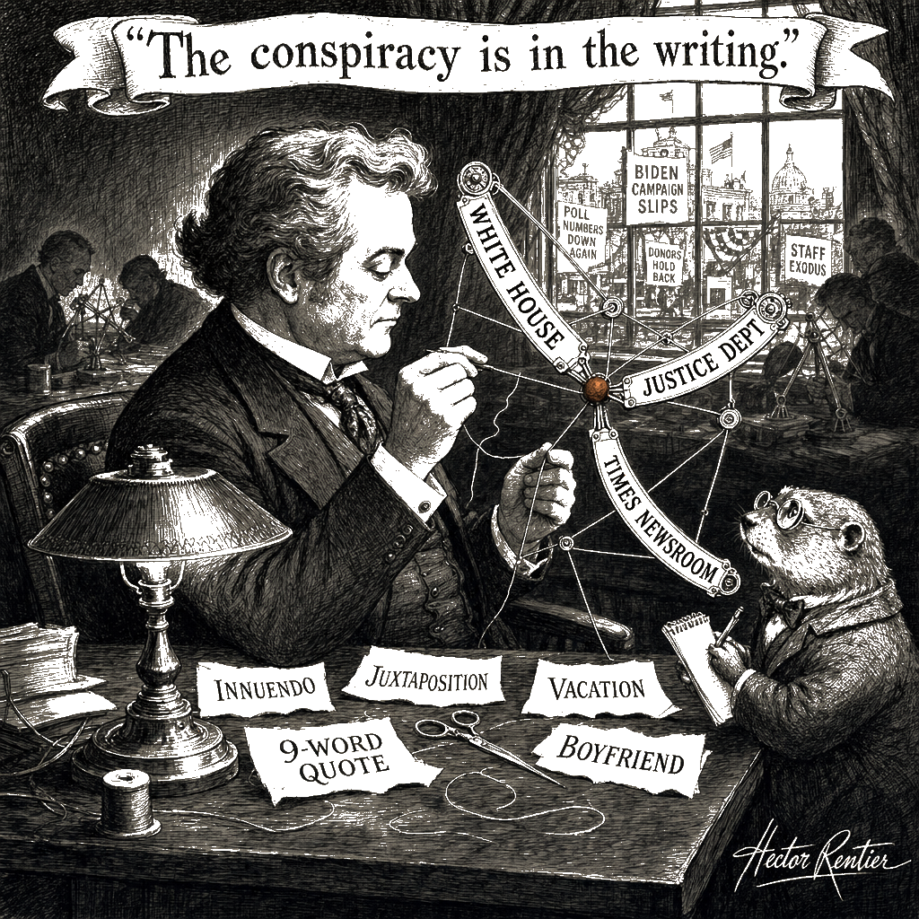 Editorial cartoon by Hector Rentier: The Conspiracy Laundering of Holman Jenkins