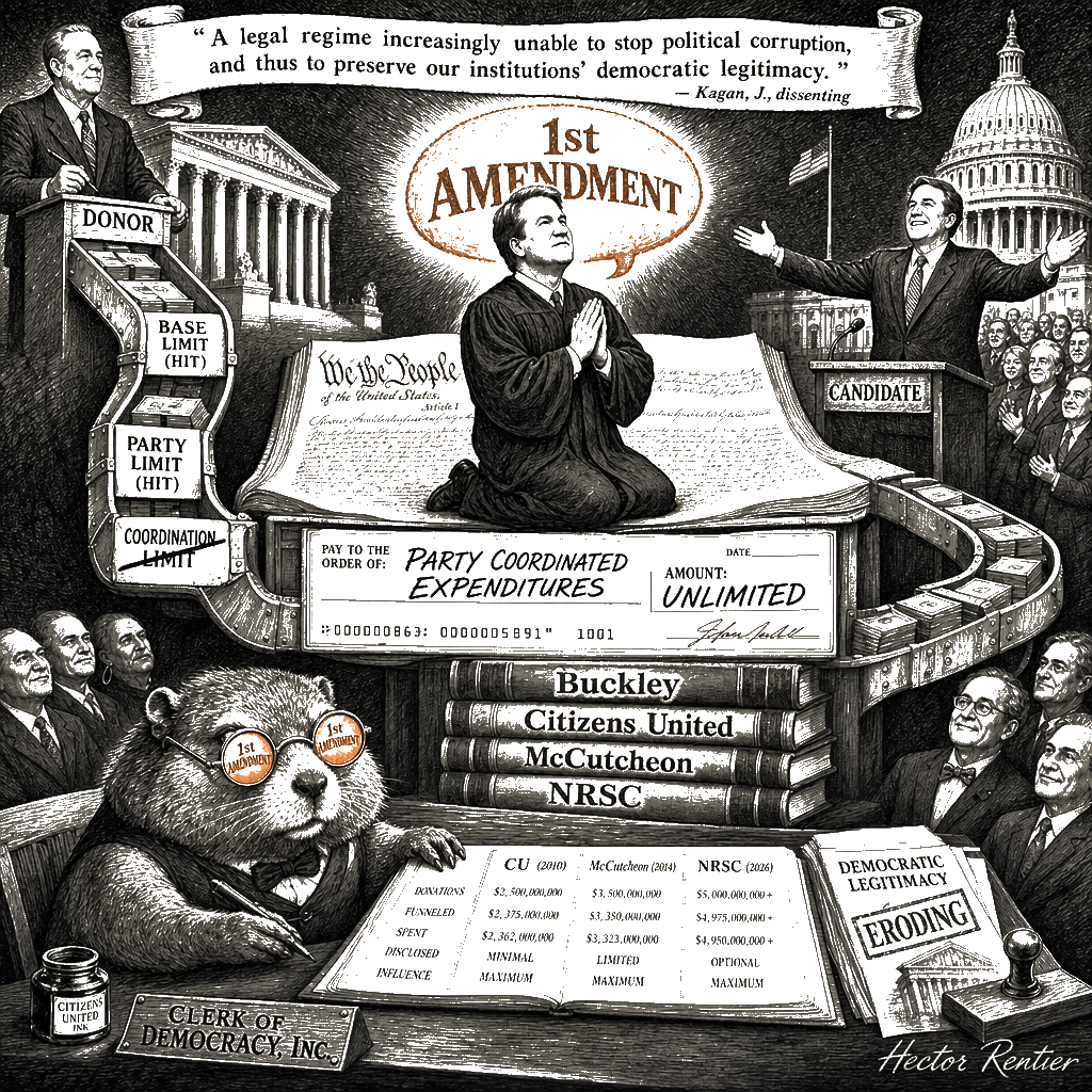 Editorial cartoon by Hector Rentier: The Court Converts the Parties Into Laundering Vehicles